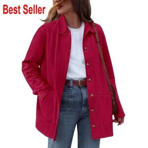 Faux Suede Jacket Women's Long Sleeve Button Down Shacket Winter Coat